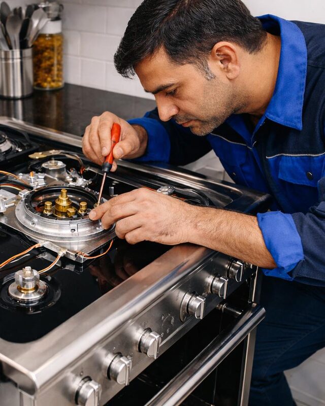 Técnico reparando los quemadores de una estufa a gas